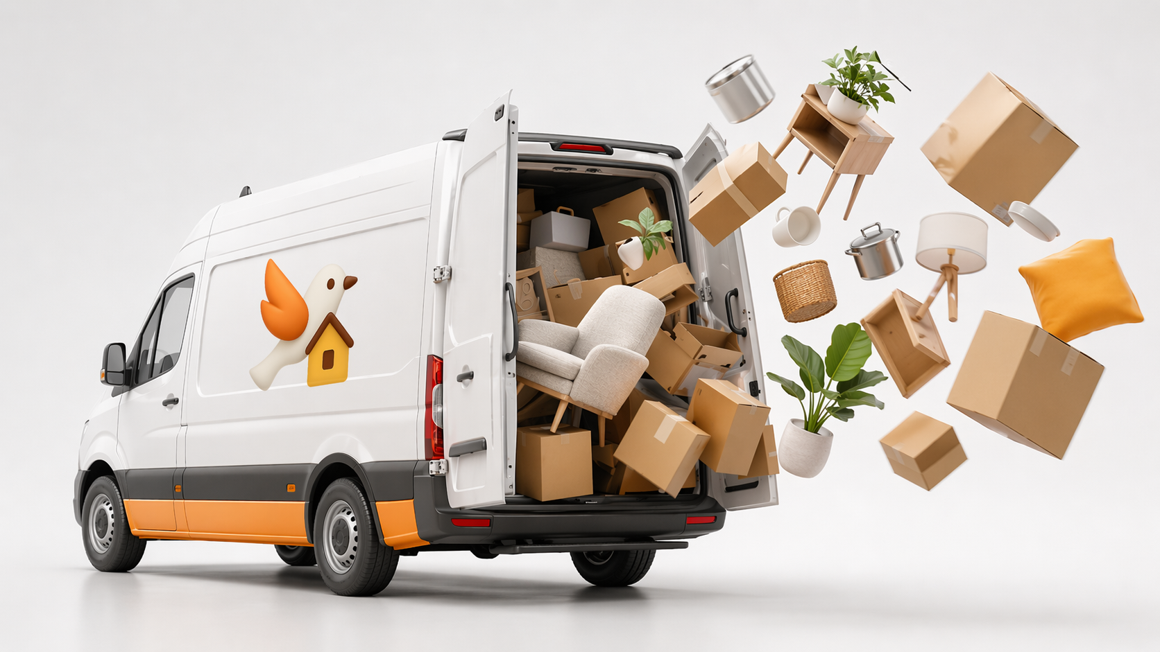 NQR branded van with items flying out everywhere